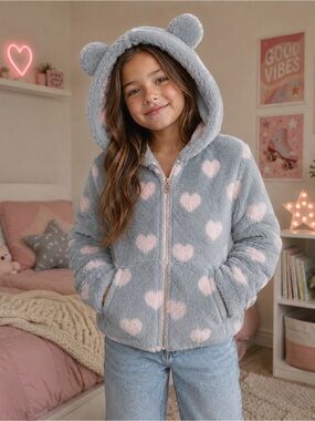 Sweet Stories Girls Size 10 Fuzzy Heart Bear Ear Hoodie Grey Pink Plush Cozy